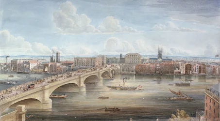 Další pohled na New London Bridge, ukazující západní frontu, při pohledu na Southwark a poskytující vzdálený pohled na Surrey, 1838